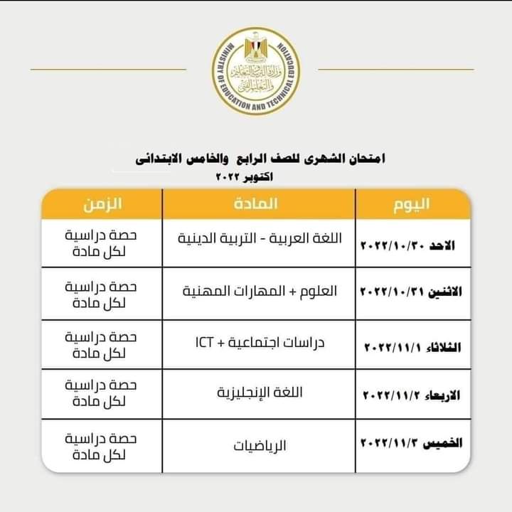 جدول الامتحان الشهري للصف الرابع والخامس الابتدائي 